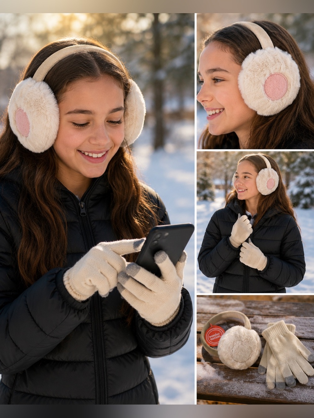 Wonder Nation Girls Winter Earmuffs & Touchscreen Gloves Set | Cream | Big Girls
